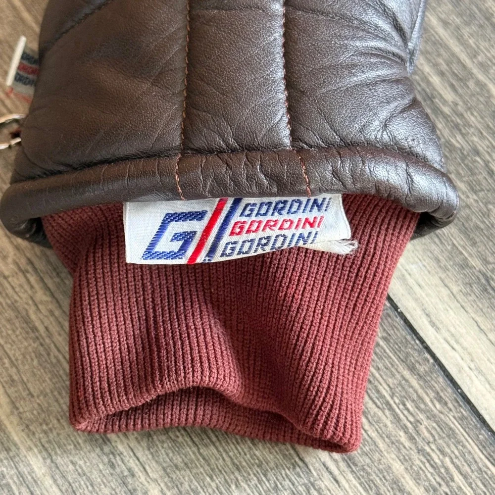 Gordini Vintage Brown Leather Quilted Mittens Women Small Burgundy Knit Cuff